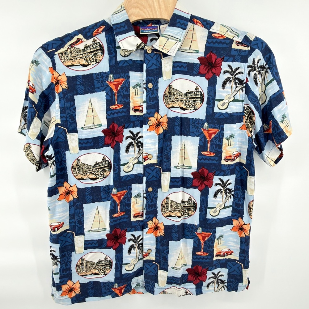 Vintage North Crest Hawaiian Shirt Mens L Blue Rayon Aloha Cocktail Sailboat